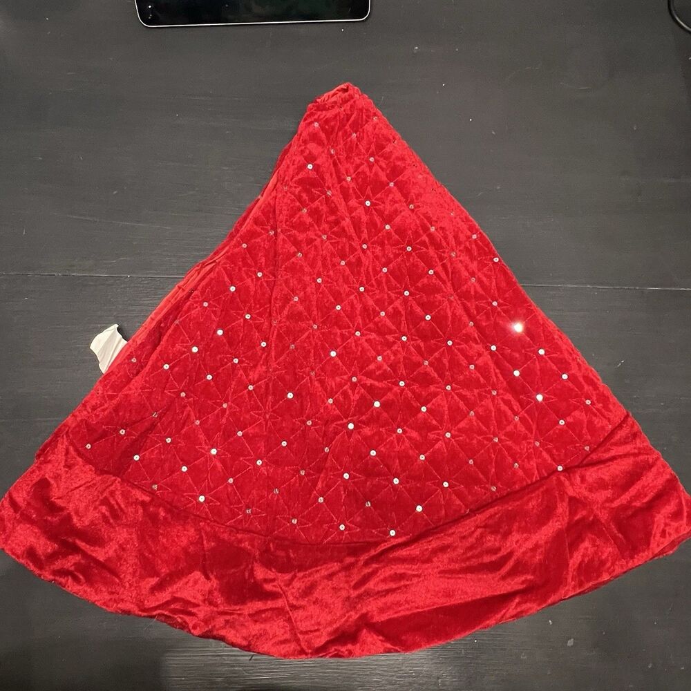 Red velvet quilted round Christmas tree skirt 48” Silver Sequin Kirkland’s